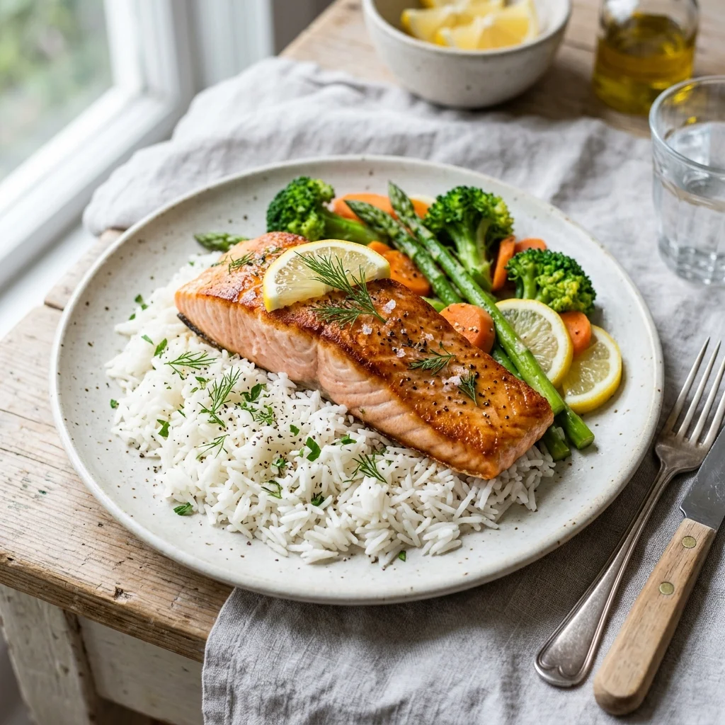 salmon and rice recipe with steamed vegetables on ceramic plate