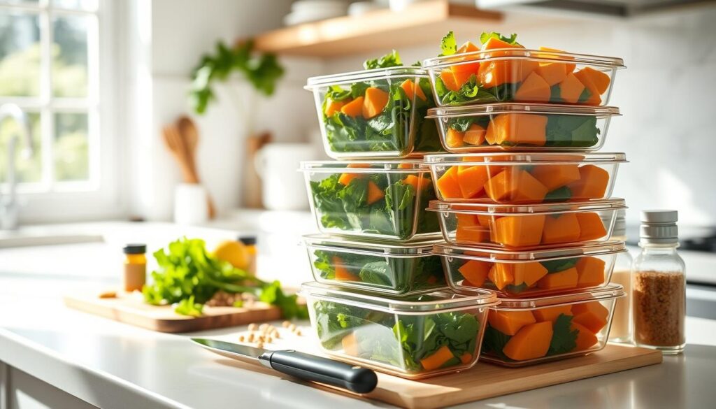 A bright, airy kitchen with natural light streaming in. On the countertop, a stack of meal prep containers filled with vibrant sweet potato cubes, fresh kale, and a drizzle of aromatic oil. Nearby, a cutting board with a sharp knife, a bundle of fresh herbs, and a few simple seasonings. The scene conveys a sense of efficiency and ease, inviting the viewer to imagine a healthy, delicious stir-fry coming together with minimal effort. The overall atmosphere is one of calm organization and the promise of a nourishing, hassle-free meal.