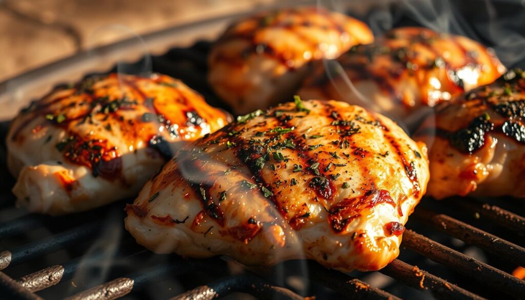 A close-up shot of several grilled chicken breasts, seasoned with a blend of Mediterranean herbs and spices, sizzling on a rustic grill grate. Shadowy streaks of smoke curl around the juicy, caramelized chicken, conveying the aroma and flavor of the meal. The background is slightly blurred, focusing the viewer's attention on the delectable chicken, presented as the star of the dish. Warm, natural lighting casts a gentle glow, highlighting the crisp sear and tender interior of the chicken. The overall composition and mood evoke the simplicity and heartiness of a homemade Mediterranean-inspired recipe.