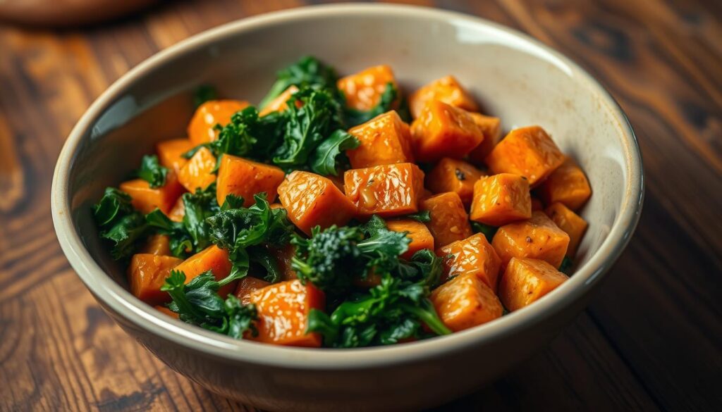 A delectable sweet potato and kale stir-fry, sizzling on a rustic wooden table. Vibrant green kale leaves nestled among tender orange-hued sweet potato chunks, glistening with a light glaze of savory sauce. Warm lighting casts a soft glow, accentuating the hearty textures and vibrant colors. A ceramic serving bowl stands ready, inviting the viewer to dive in and savor the nourishing, flavorful combination. The scene exudes a comforting, homemade atmosphere, perfect for illustrating the preparation of this simple, healthy meal.