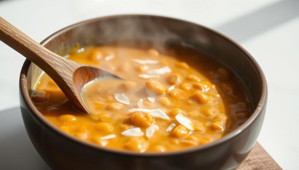 A steaming bowl of creamy, golden-orange coconut lentil stew, the consistency perfectly balanced between thick and saucy. In the foreground, a wooden spoon gently stirs the fragrant mixture, revealing the tender lentils and slivers of coconut. Soft natural light illuminates the bowl, casting subtle shadows that give depth and texture to the dish. The background is a simple, minimalist setting, allowing the vibrant colors and inviting aroma of the stew to take center stage. The overall atmosphere is one of comfort, nourishment, and culinary expertise - the perfect visual accompaniment to a cozy, vegan coconut lentil stew recipe.