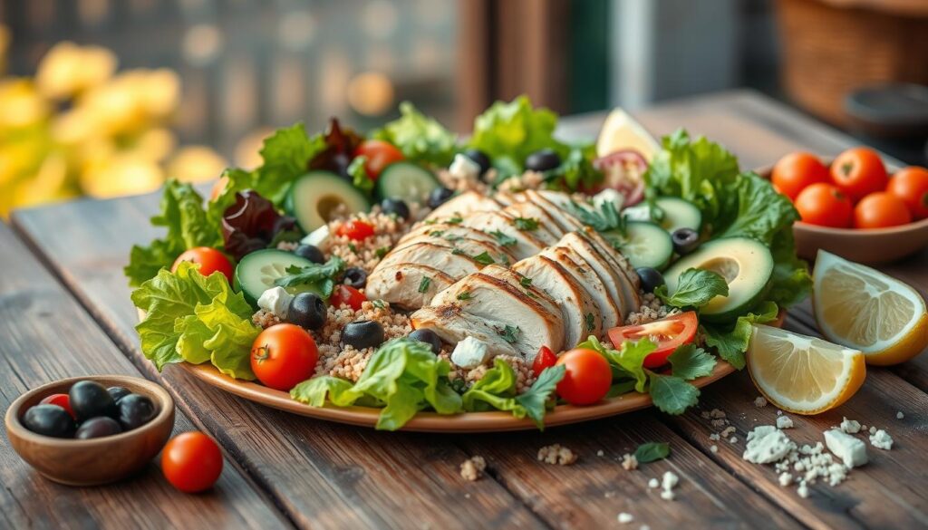 A vibrant, visually appetizing still life of a summer salad platter, artfully arranged on a rustic wooden table. In the foreground, an array of fresh, colorful ingredients - crisp romaine lettuce, juicy cherry tomatoes, creamy avocado slices, crunchy cucumbers, and tender grilled chicken breast. Complementing the salad, a sprinkle of toasted quinoa, fresh herbs, and a drizzle of a Mediterranean-inspired vinaigrette. The middle ground features a selection of additional sides - kalamata olives, crumbled feta cheese, and wedges of lemon to add a zesty touch. The background is softly blurred, highlighting the natural textures and colors of the scene, creating an inviting, al fresco atmosphere. Warm, natural lighting casts a gentle glow, accentuating the vibrant, fresh qualities of the ingredients. The overall presentation is visually balanced, appetizing, and reflective of the flavorful Mediterranean quinoa salad.