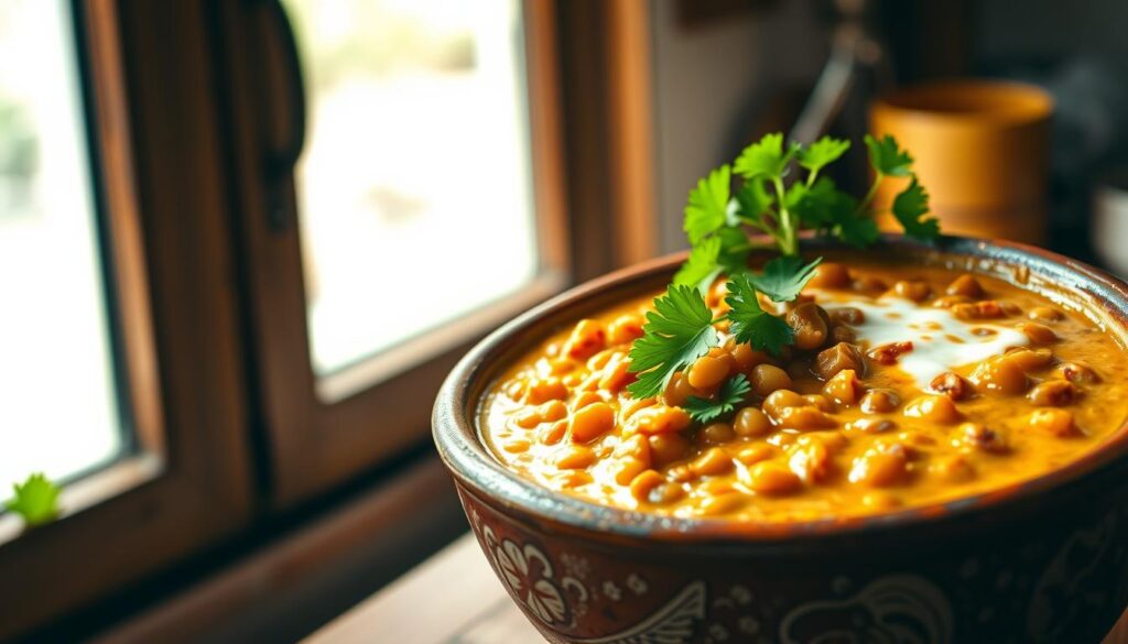 Creamy coconut lentil stew simmering in a rustic ceramic bowl, garnished with fresh cilantro and a drizzle of coconut milk. Soft lentils bathed in a velvety, aromatic sauce with notes of ginger, garlic, and warm spices. Backlit by natural light filtering through a kitchen window, casting a cozy glow. Composition emphasizes the comforting, homemade quality of the dish, inviting the viewer to imagine the rich, satisfying flavors and aroma. Detailed, high-resolution, photorealistic style.